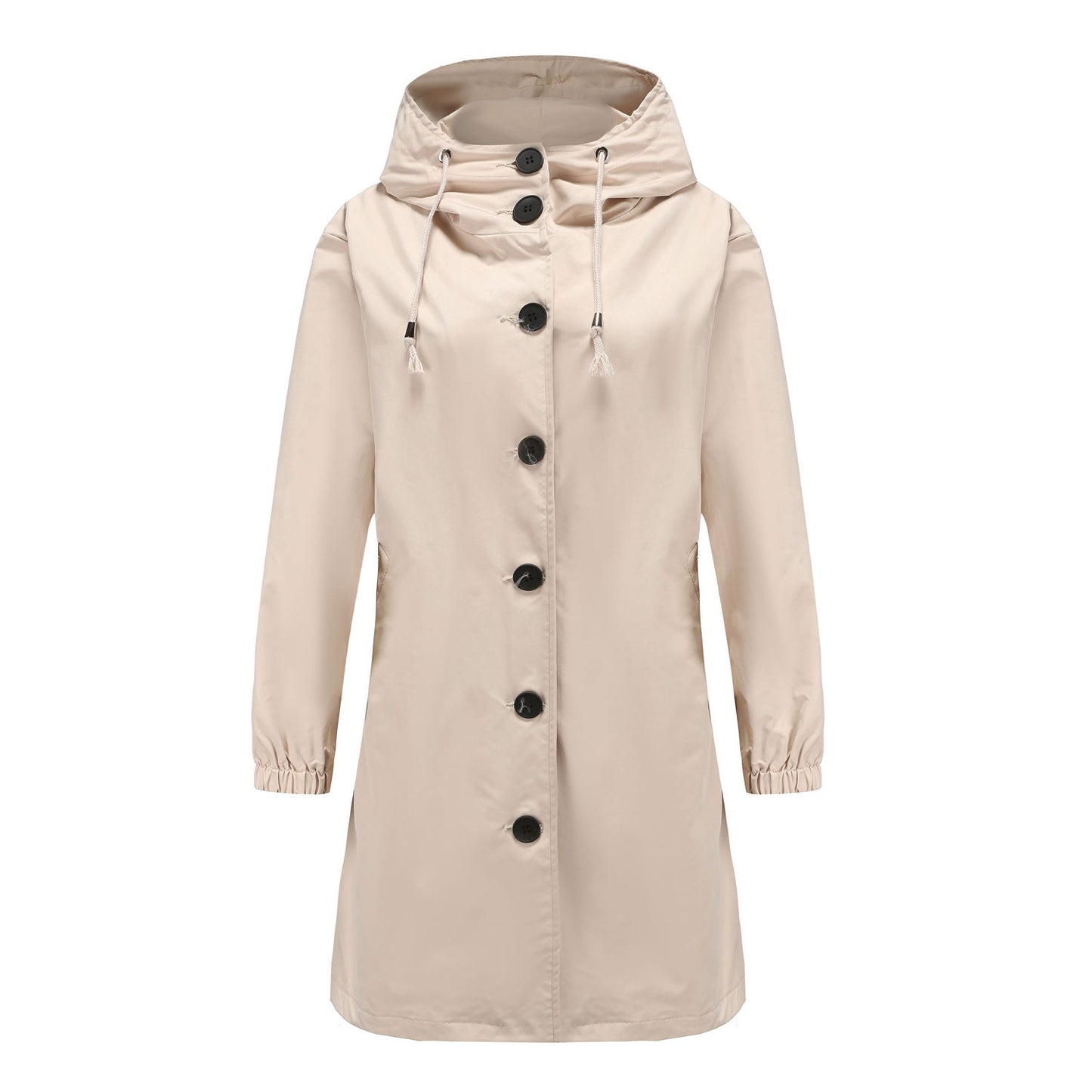 Beige hooded coat with black buttons on a white background