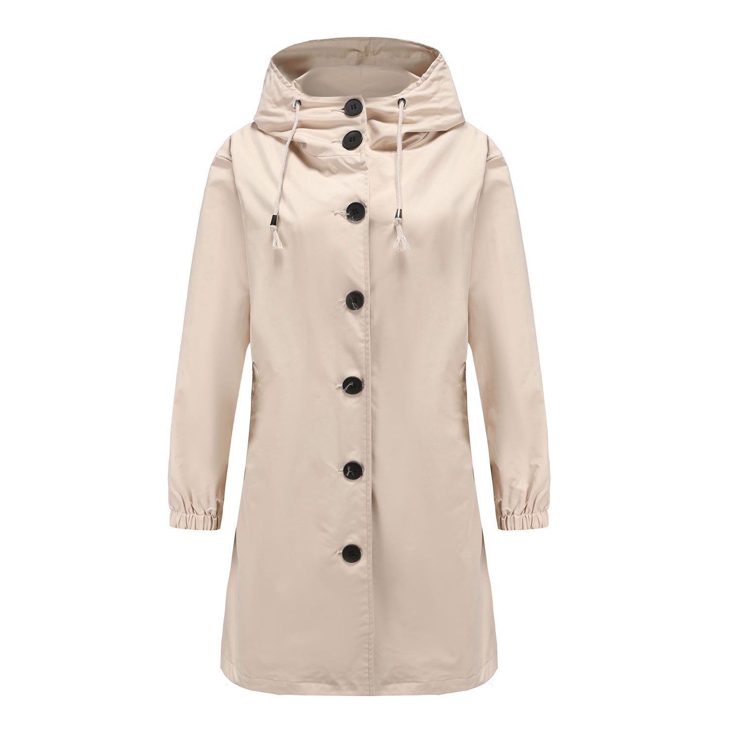 Beige hooded coat with black buttons on a white background