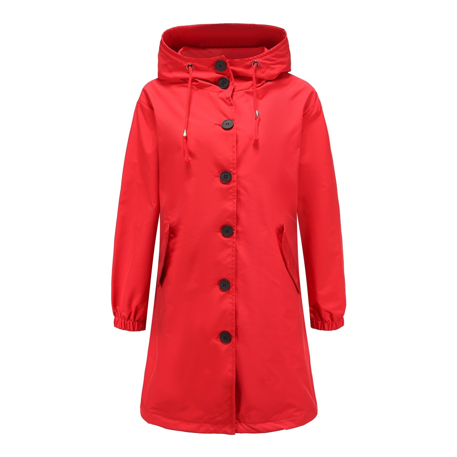 Red hooded coat with black buttons on a white background