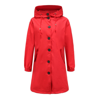 Red hooded coat with black buttons on a white background