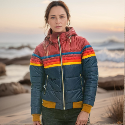 Person wearing a colorful puffer jacket on a beach