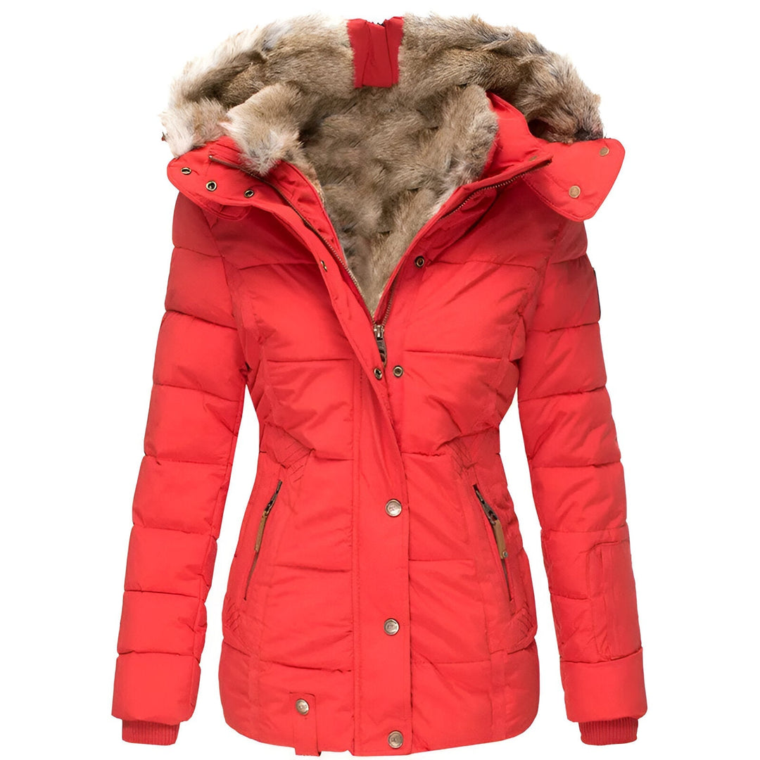 Red puffer jacket with fur-lined hood on a white background