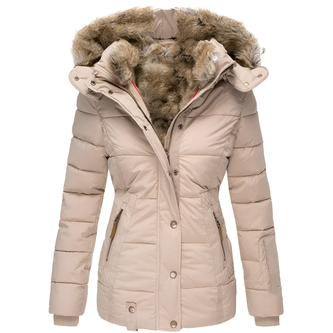 Beige winter jacket with fur-lined hood on a white background