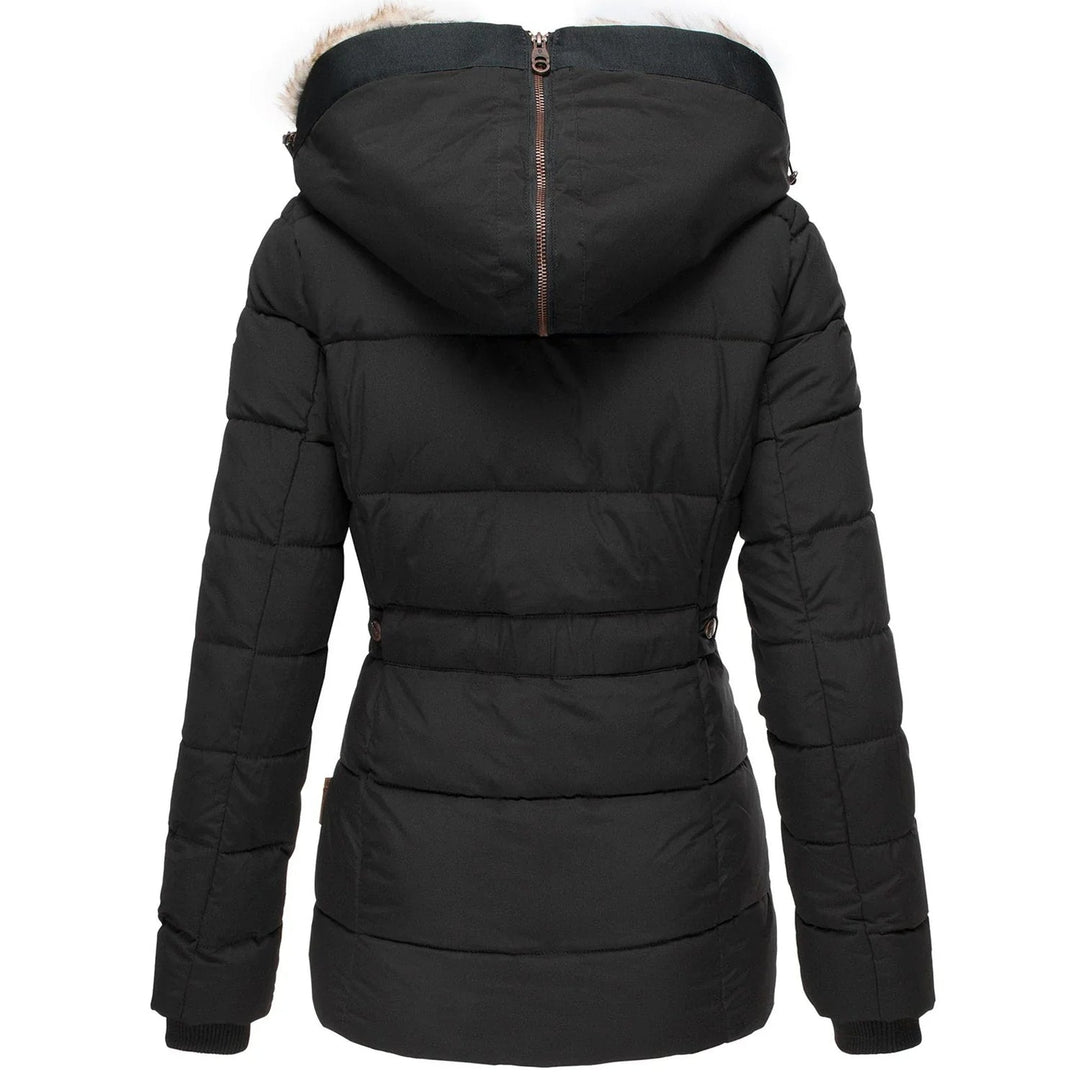 Black puffer jacket with a hood on a white background