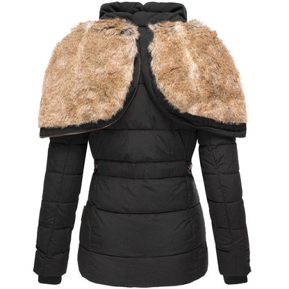 Black puffer jacket with fur shoulders on a white background