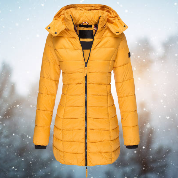 Yellow puffer coat on a snowy background