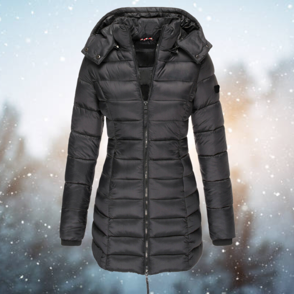 Black puffer jacket on a snowy background