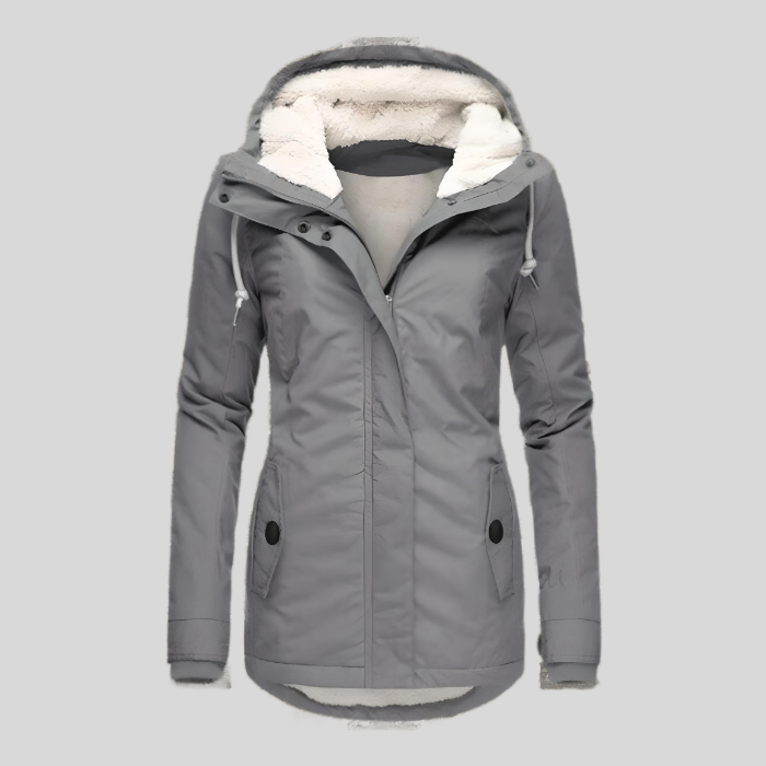 Gray winter jacket with white fur lining on a light gray background