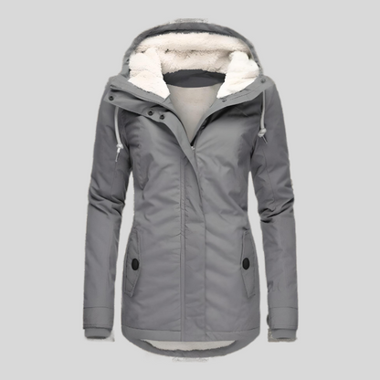 Gray winter jacket with white fur lining on a light gray background