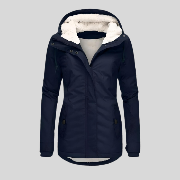 Navy blue winter jacket with white fur lining on a gray background
