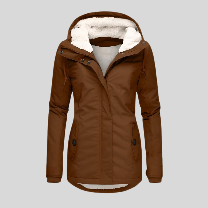 Brown winter jacket with white fur lining on a gray background
