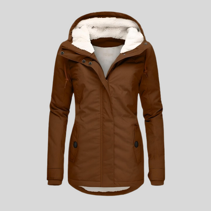 Brown winter jacket with white fur lining on a gray background
