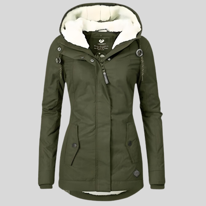 Green winter jacket with white fur lining on a gray background