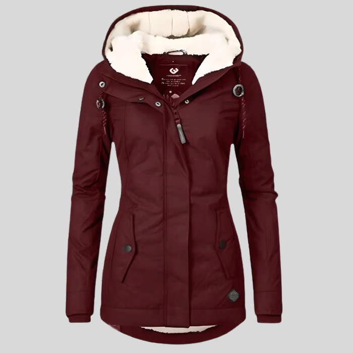 Maroon winter jacket with white fur lining on a gray background