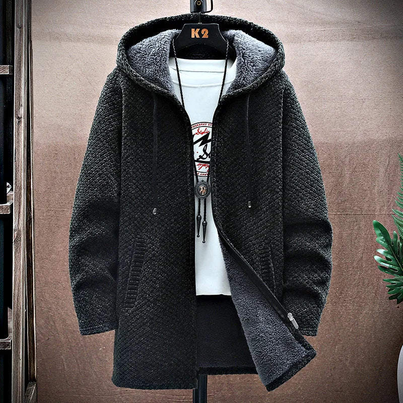 Dark gray hooded jacket on a mannequin against a neutral background